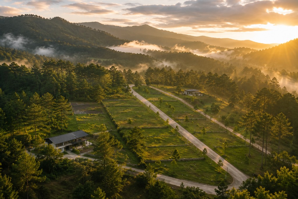 Paisaje natural de montañas y pinos con luz dorada